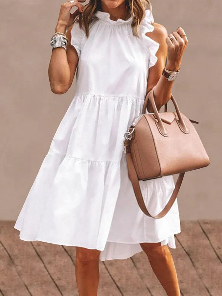 deanwangkt Women Solid Color Ruffles Trim Sleeveless Simple Midi Dresses