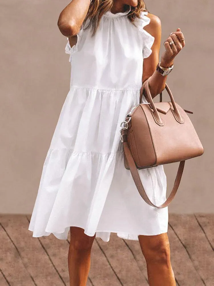 deanwangkt Women Solid Color Ruffles Trim Sleeveless Simple Midi Dresses