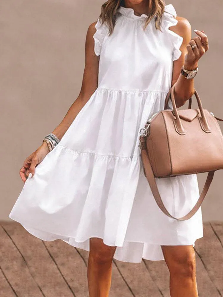 deanwangkt Women Solid Color Ruffles Trim Sleeveless Simple Midi Dresses