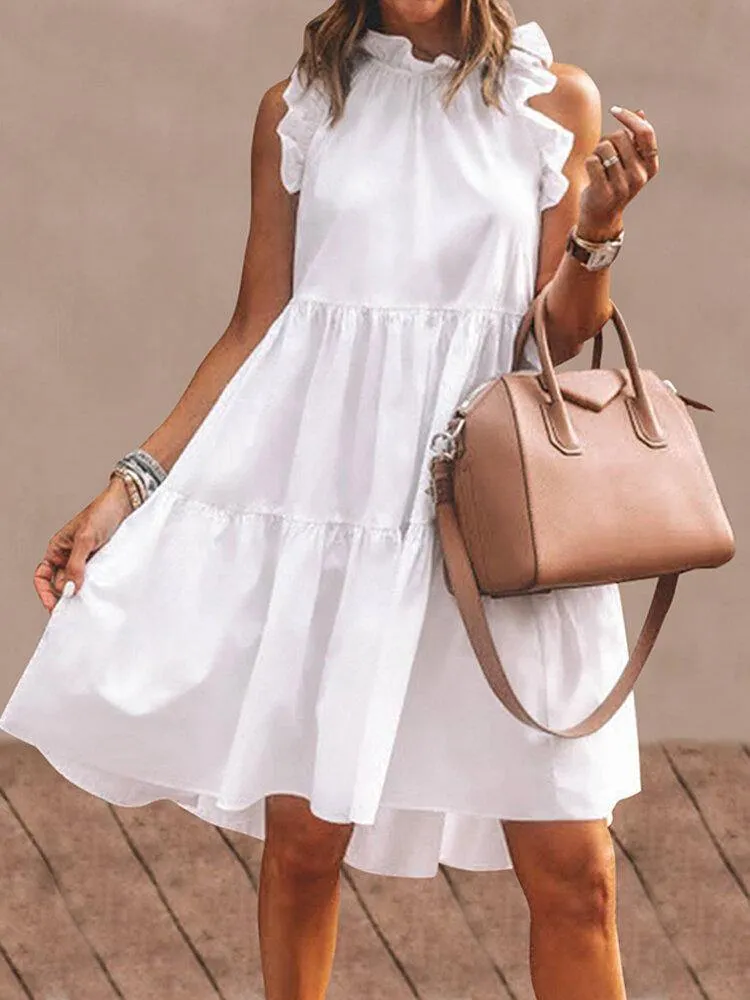 deanwangkt Women Solid Color Ruffles Trim Sleeveless Simple Midi Dresses