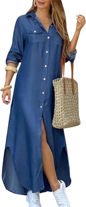 DIACACY W9omen's Casual Lapel Collar Floral Print Maxi Dresses Side Slit Long Sleeves Loose Slim Shirt Dresses