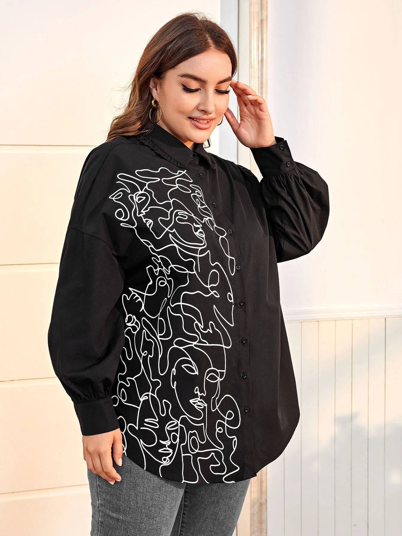 Figure Button Front Long Sleeve Collar Long Plus Size Blouse