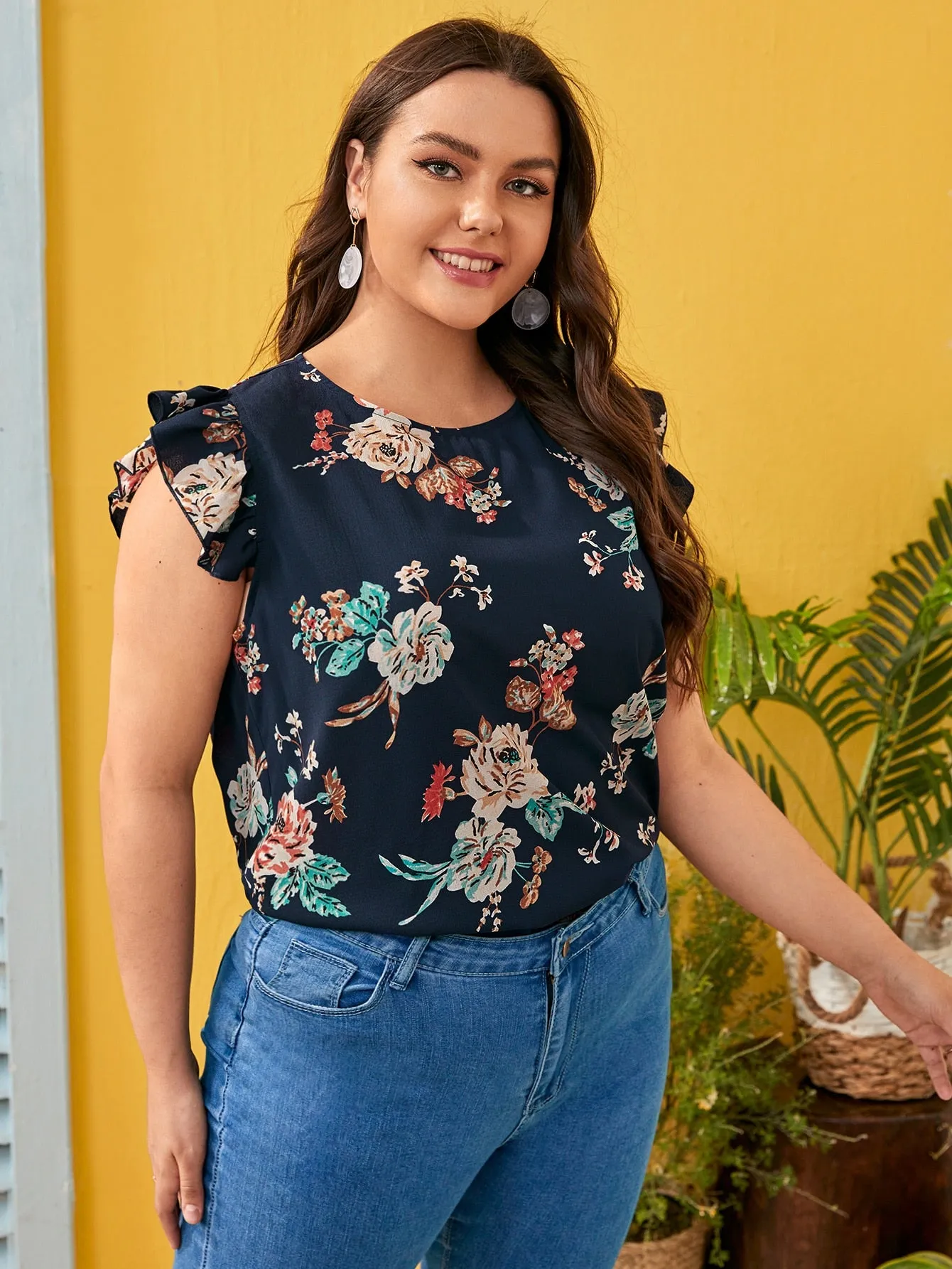 Floral Button Cap Sleeve Round Neck Regular Plus Size Blouse