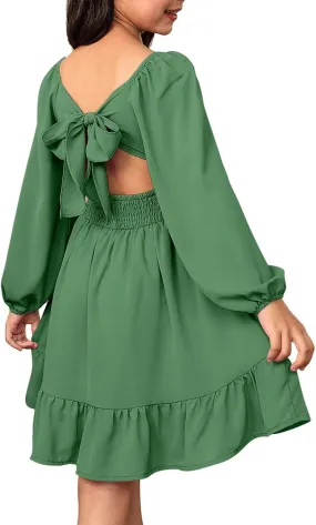 Girls Long Sleeve Tie Back Dresses Teenage Spring and Fall Strapless Fashion Elegant Dresses 4-15 Years