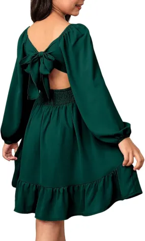 Girls Long Sleeve Tie Back Dresses Teenage Spring and Fall Strapless Fashion Elegant Dresses 4-15 Years