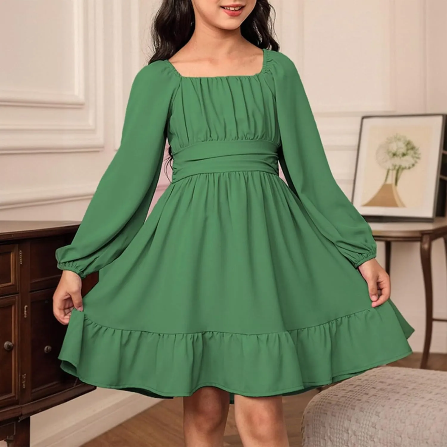 Girls Long Sleeve Tie Back Dresses Teenage Spring and Fall Strapless Fashion Elegant Dresses 4-15 Years