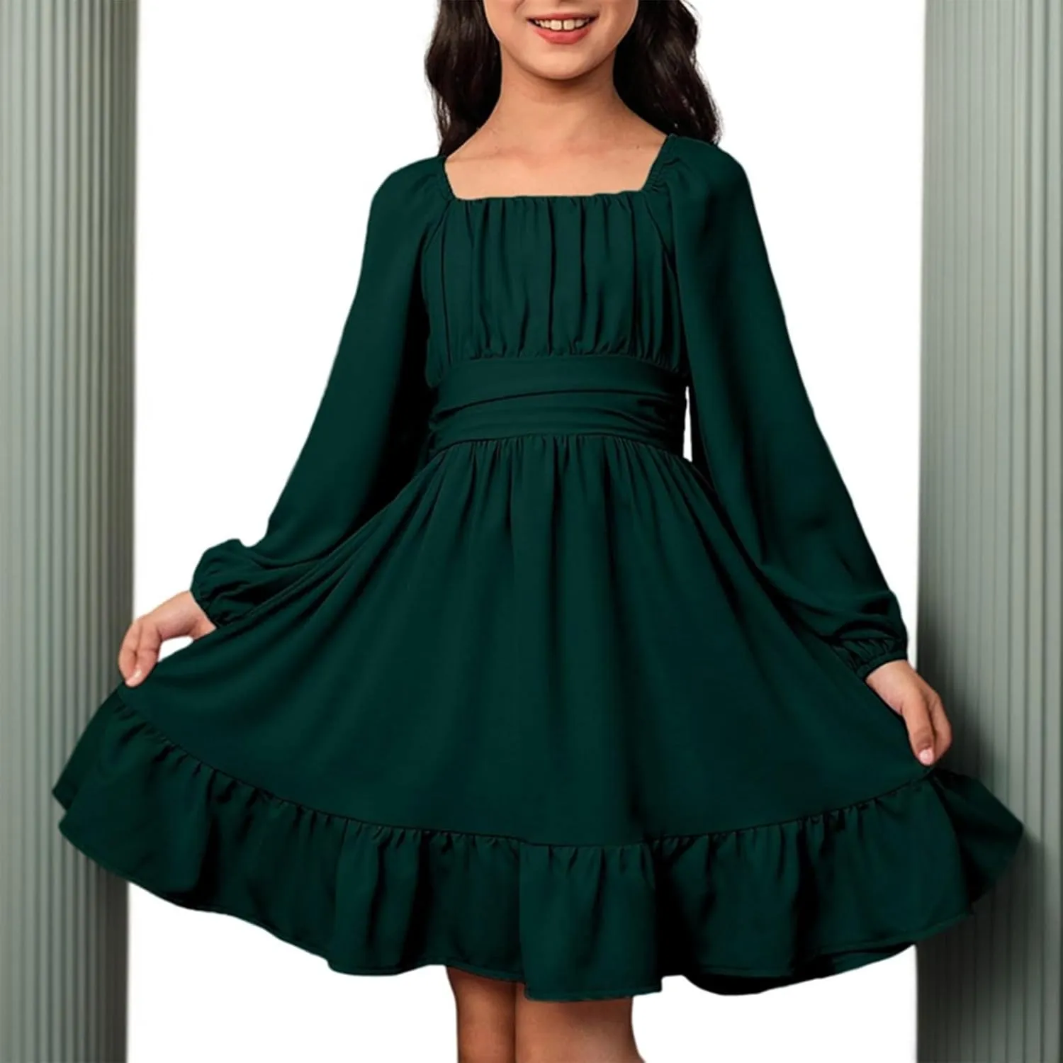 Girls Long Sleeve Tie Back Dresses Teenage Spring and Fall Strapless Fashion Elegant Dresses 4-15 Years