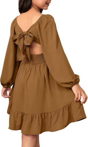 Girls Long Sleeve Tie Back Dresses Teenage Spring and Fall Strapless Fashion Elegant Dresses 4-15 Years