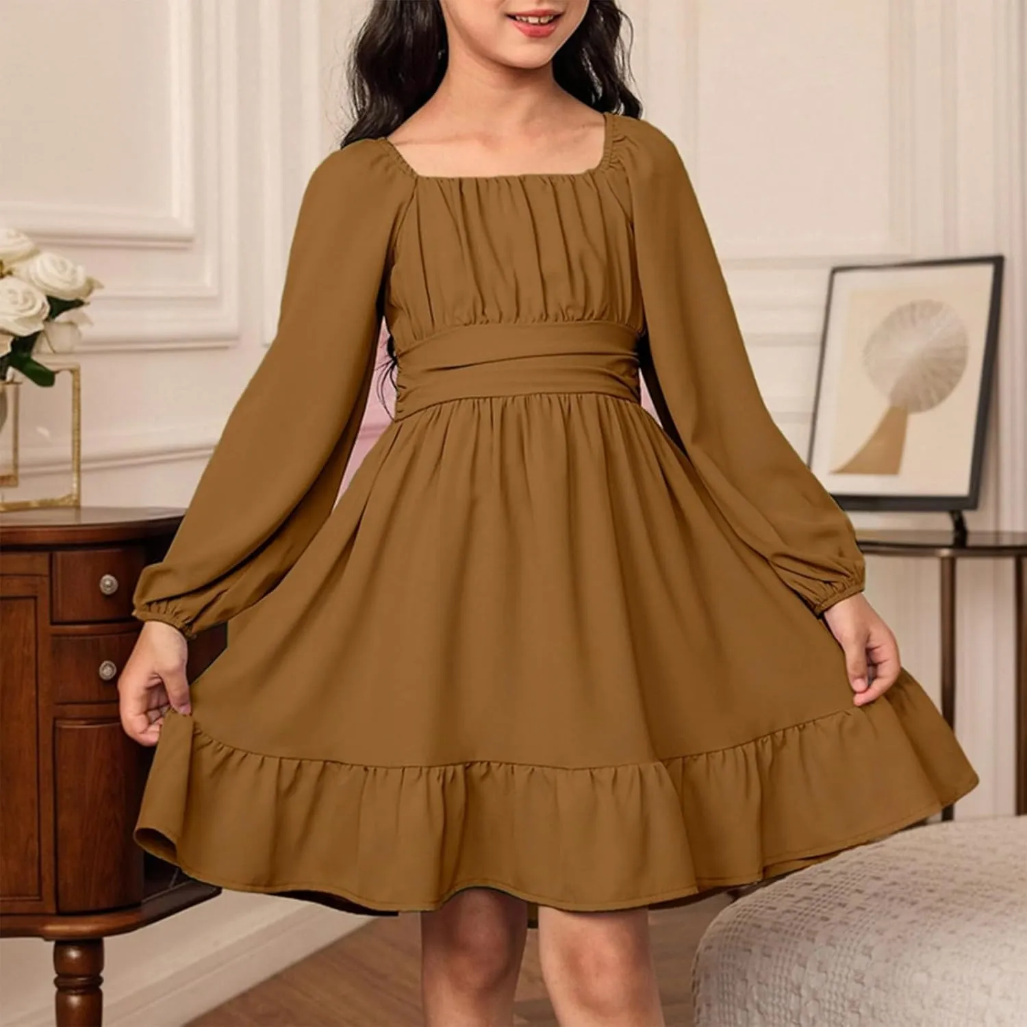 Girls Long Sleeve Tie Back Dresses Teenage Spring and Fall Strapless Fashion Elegant Dresses 4-15 Years