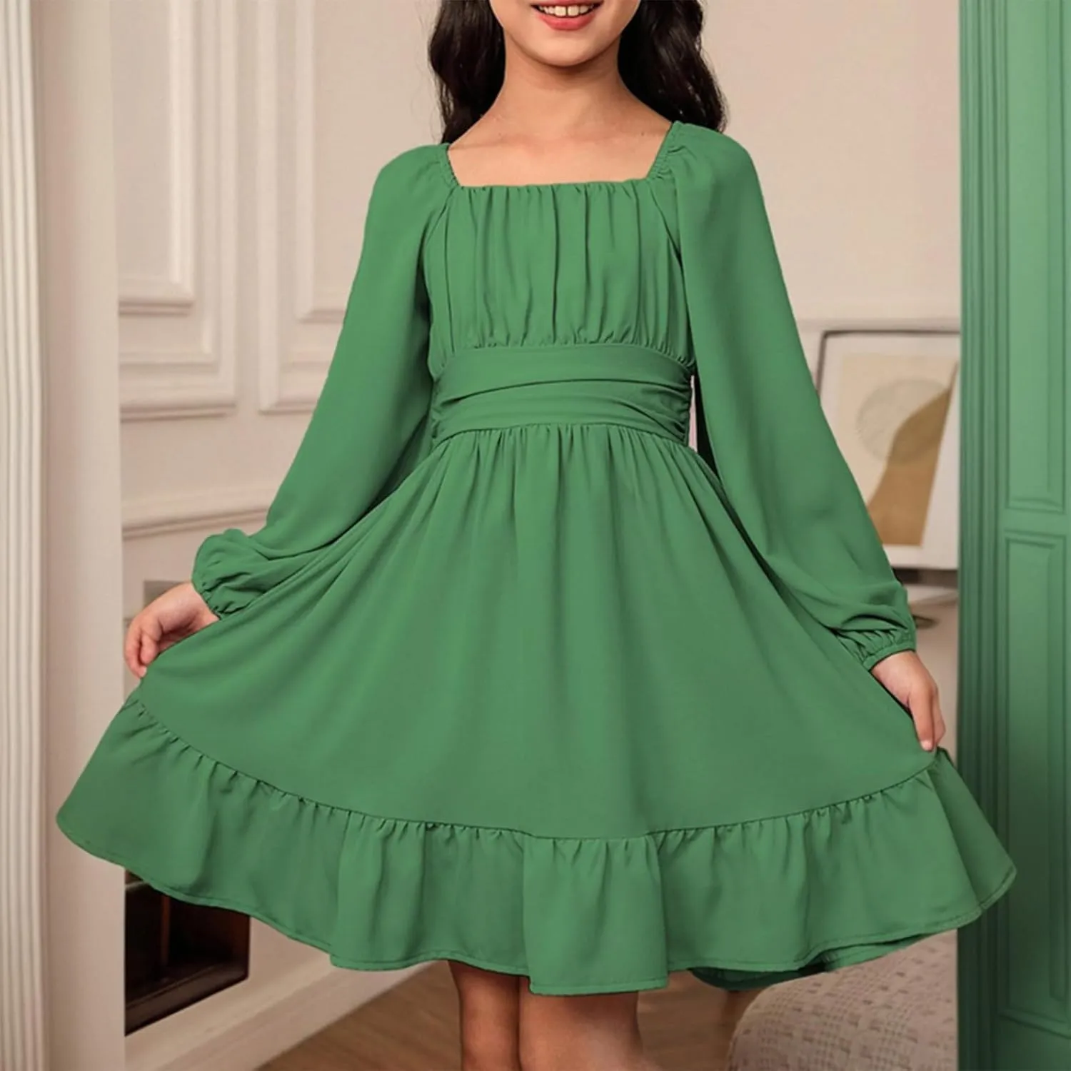 Girls Long Sleeve Tie Back Dresses Teenage Spring and Fall Strapless Fashion Elegant Dresses 4-15 Years