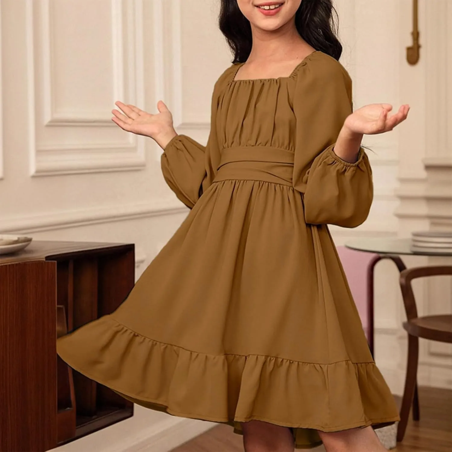 Girls Long Sleeve Tie Back Dresses Teenage Spring and Fall Strapless Fashion Elegant Dresses 4-15 Years