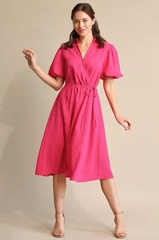 Hot Pink Textured Woven and Elastic Waist Midi Dress
