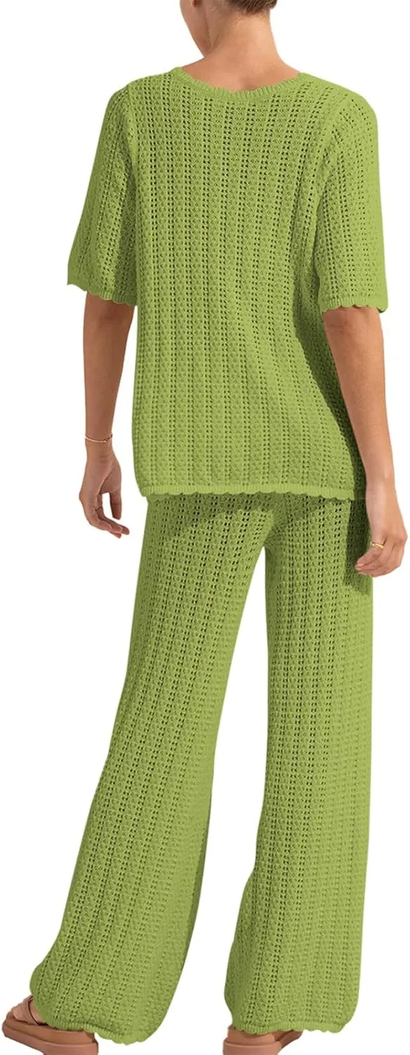 Imily Bela Women's Summer 2 Piece Swimsuit Cover up Crochet Knit Cardigan Tops Long Pants Set Bathing Suit Beach Outfit