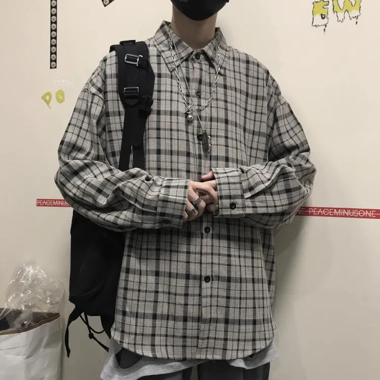 Jinquedai Ootdstudio Korean ins versatile Plaid loose oversize long sleeve shirt for men and camisa masculina gray shirts