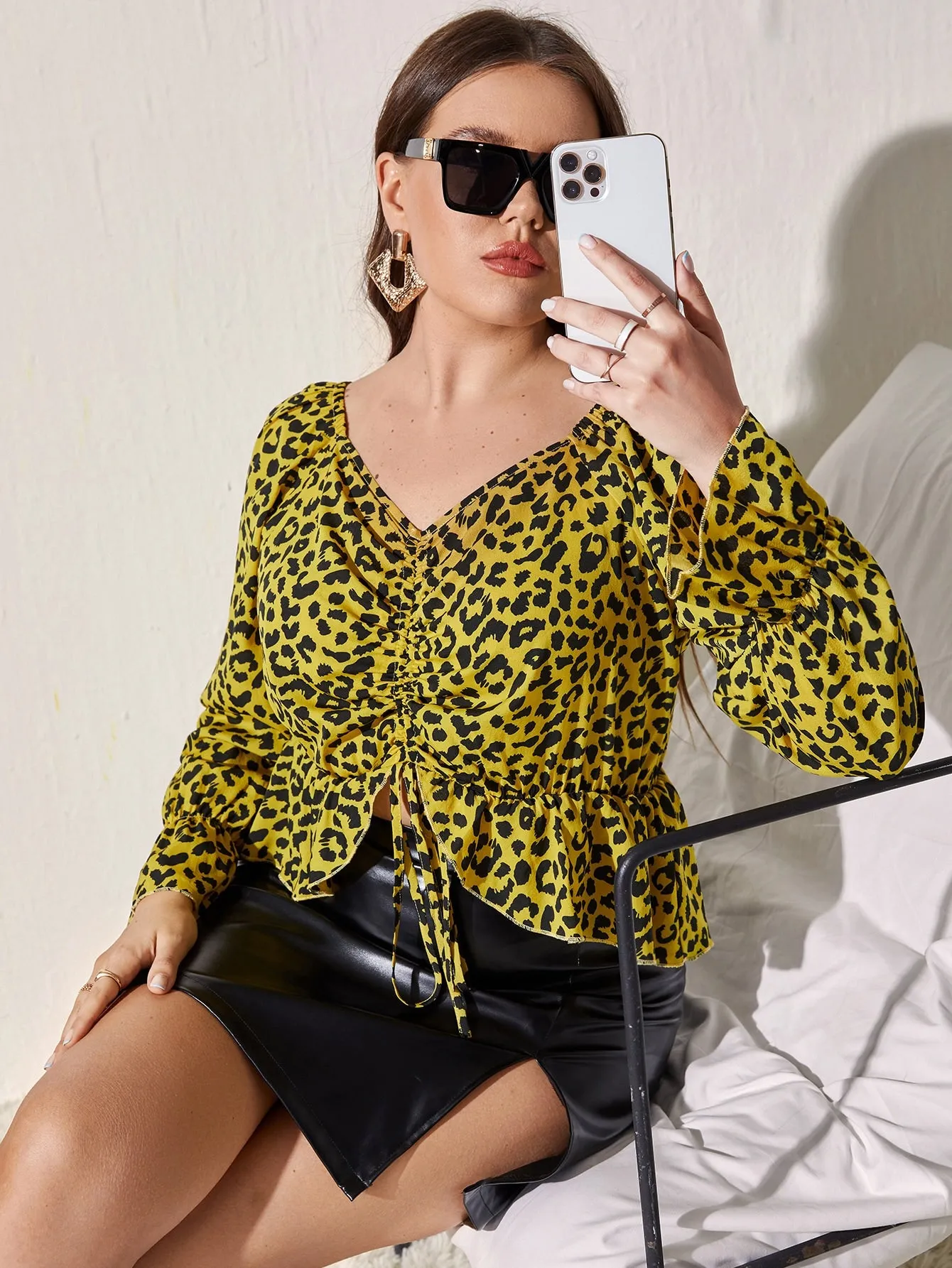 Leopard Ruffle Long Sleeve V Neck Regular Plus Size Blouse