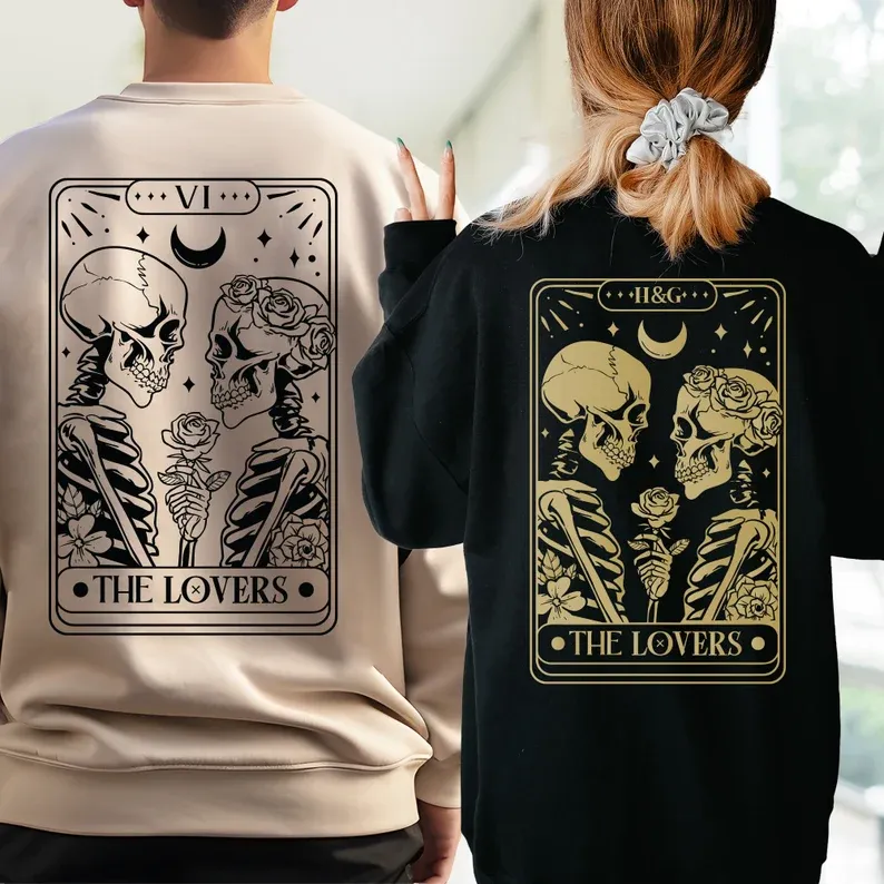 Matching Couple Hoodies - Tarot Skeletons Custom Embroidered Couples Matching Hoodies