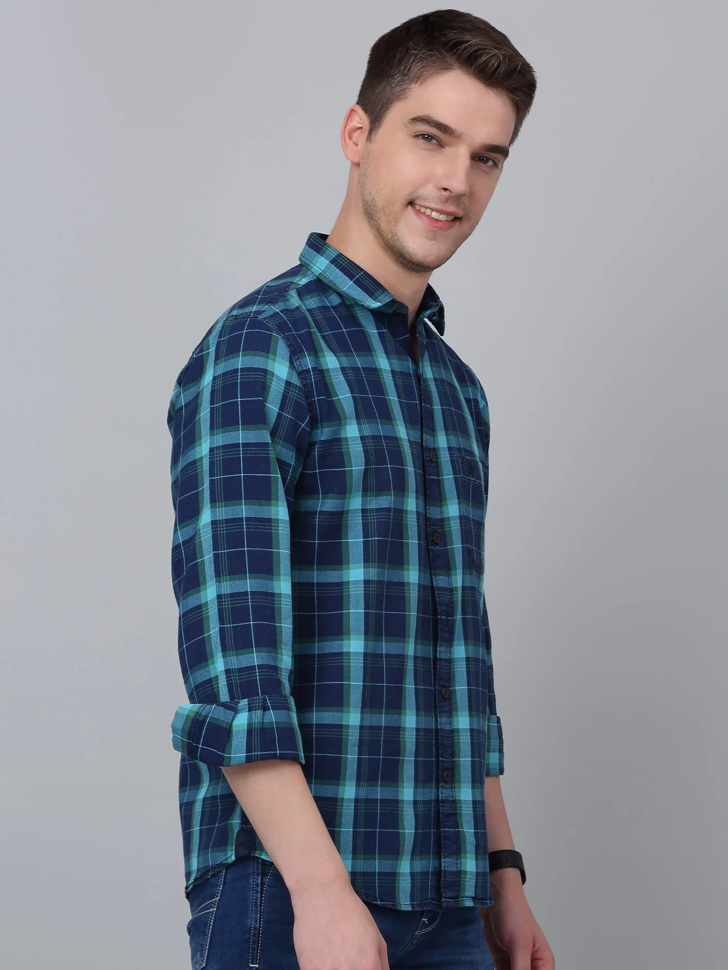 Men's Turquoise Casual Big Checks Full Sleeve Shirt