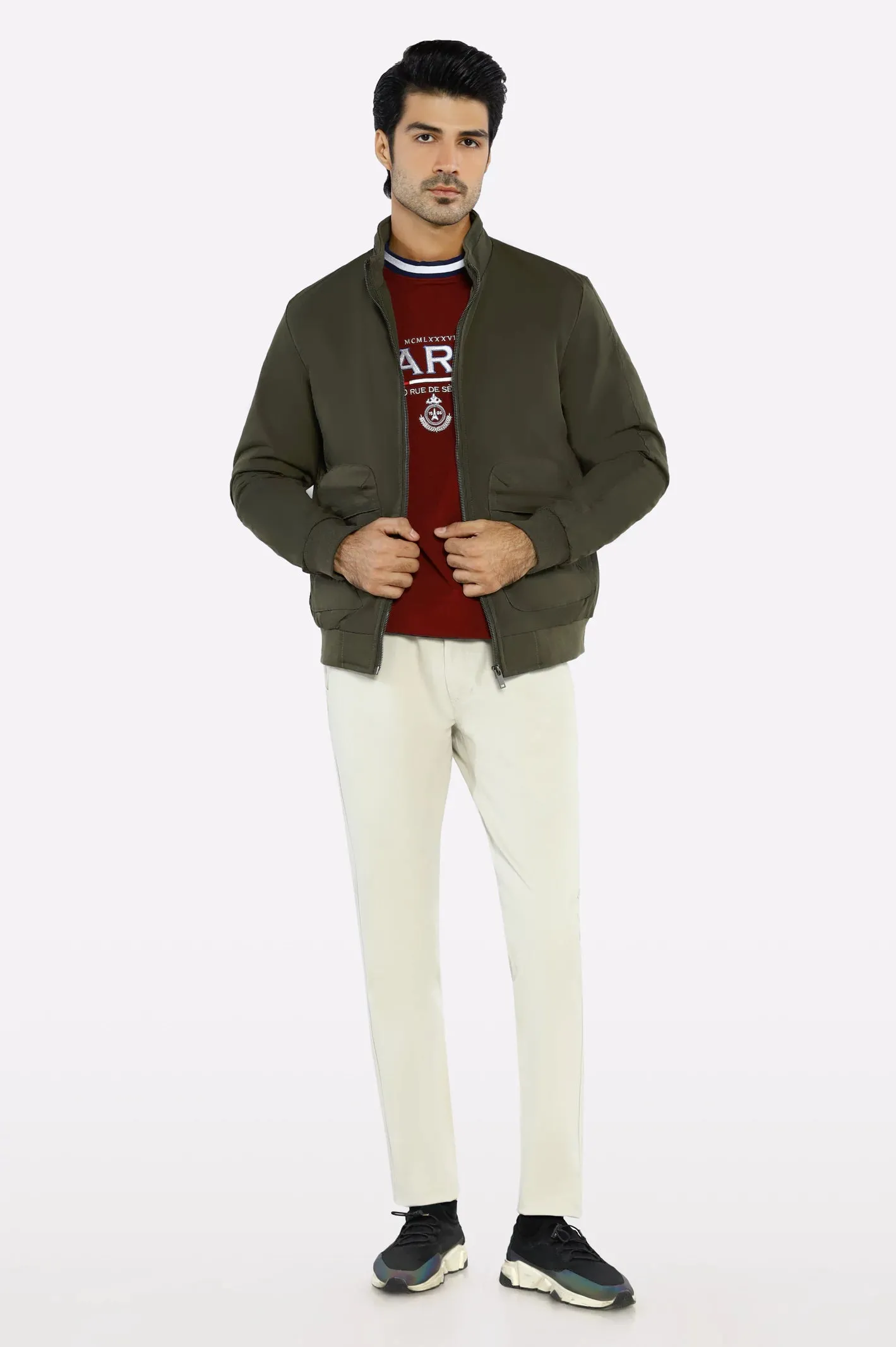 Men’s Stand Collar Multi-Pockets Green Jacket