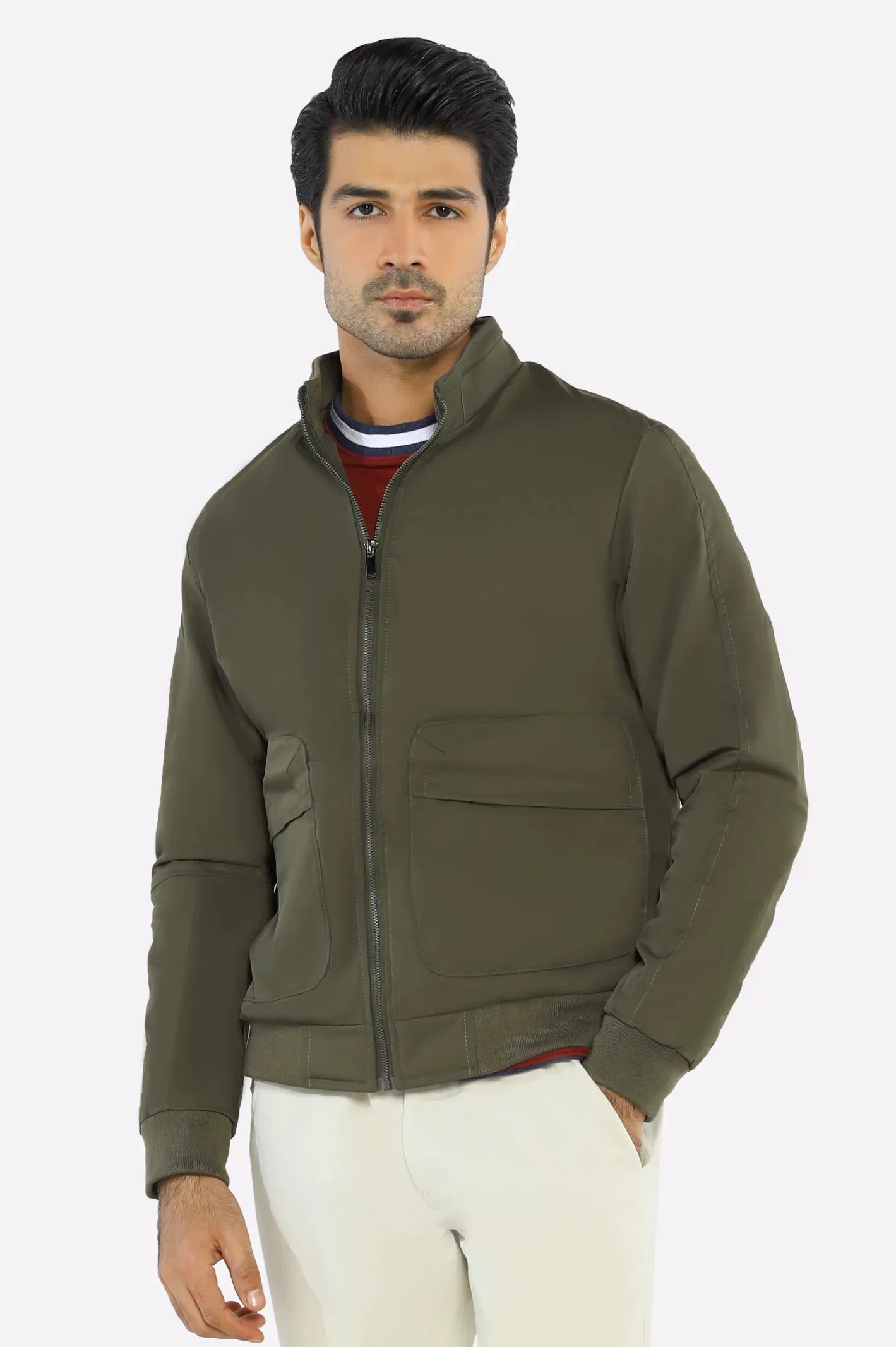 Men’s Stand Collar Multi-Pockets Green Jacket