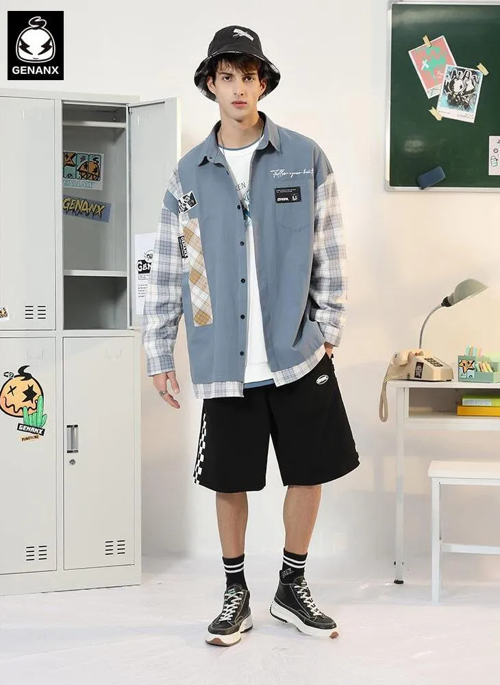 Safari Style Color Block Patchwork Plaid Shirt