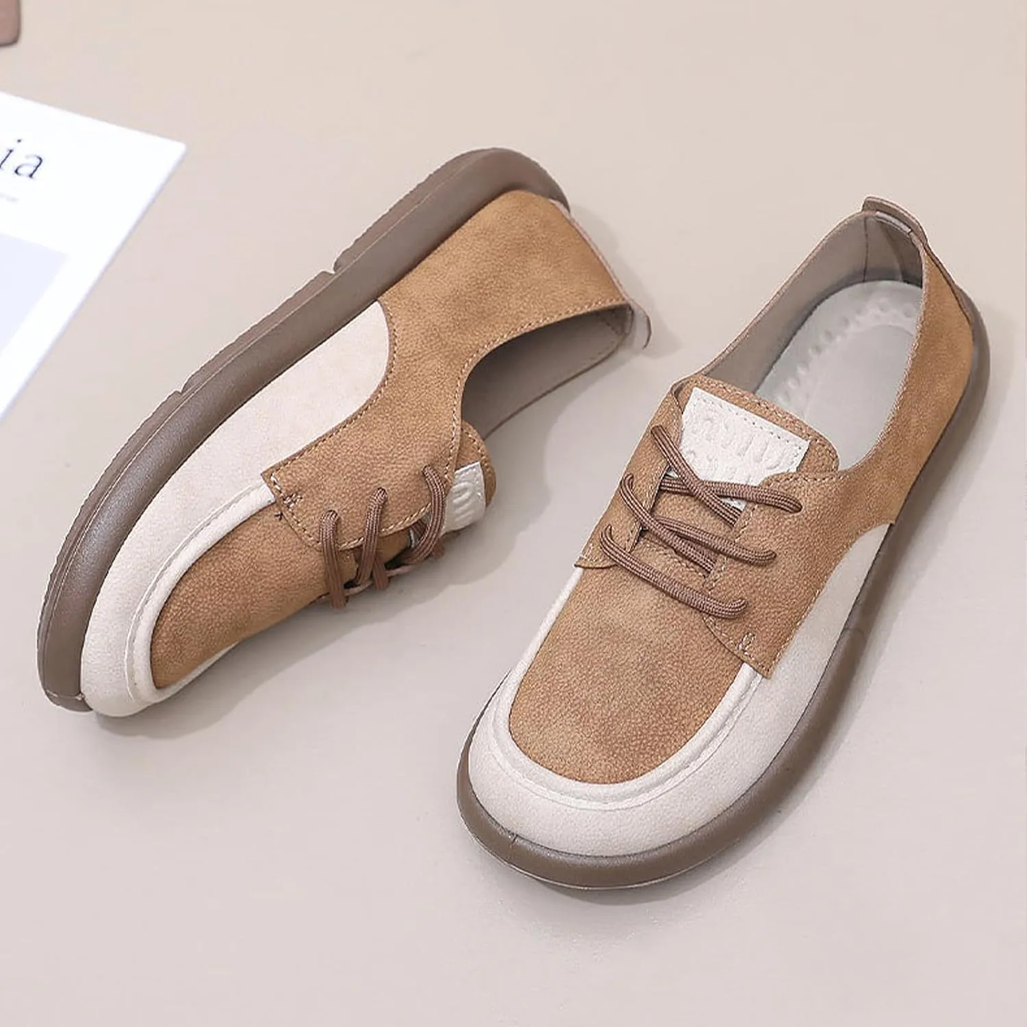 SWDZM Lace-Up Soft Sole Loafers Fashion Round Toe Splicing Comfortable Slip-On Oxford Shoes for Office Work