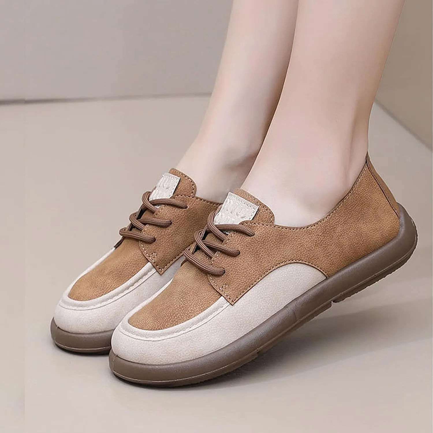 SWDZM Lace-Up Soft Sole Loafers Fashion Round Toe Splicing Comfortable Slip-On Oxford Shoes for Office Work
