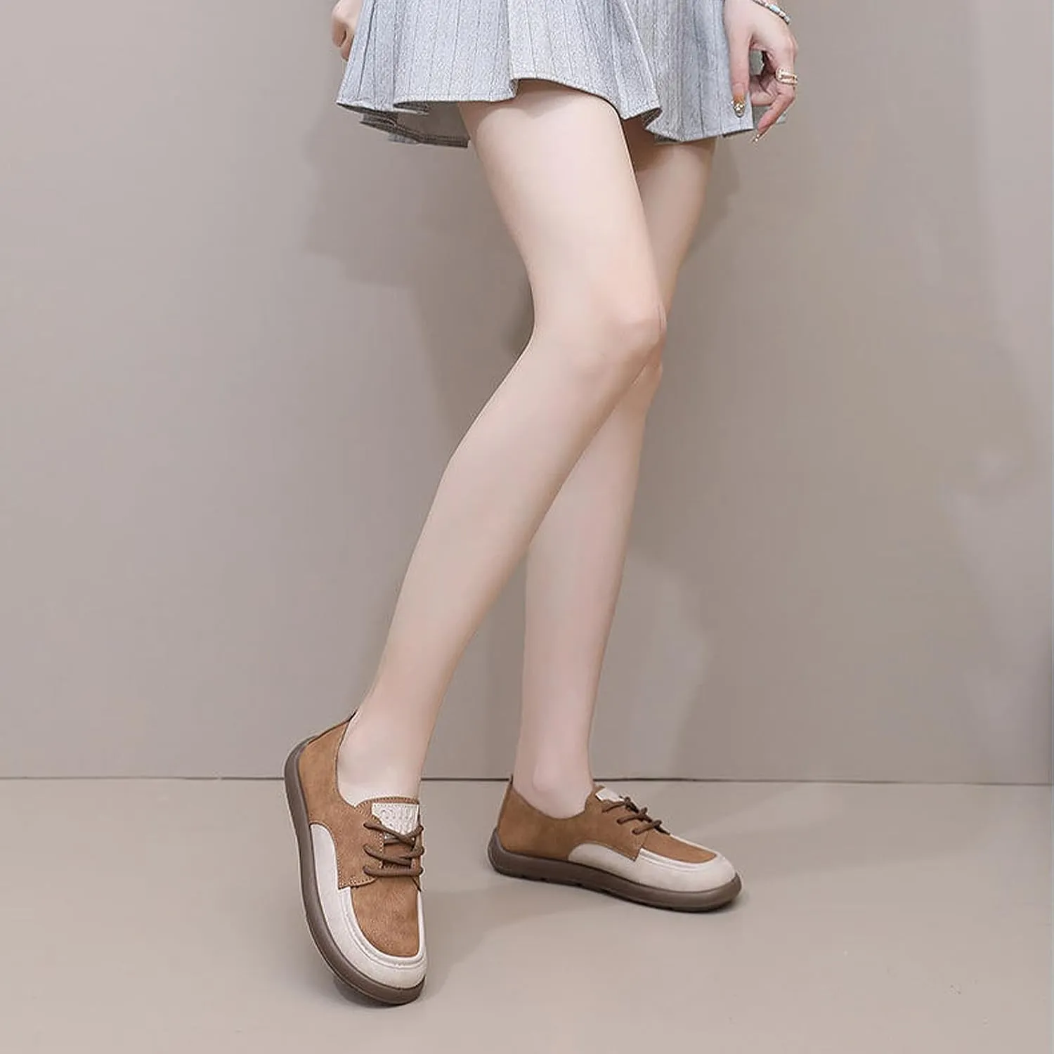 SWDZM Lace-Up Soft Sole Loafers Fashion Round Toe Splicing Comfortable Slip-On Oxford Shoes for Office Work