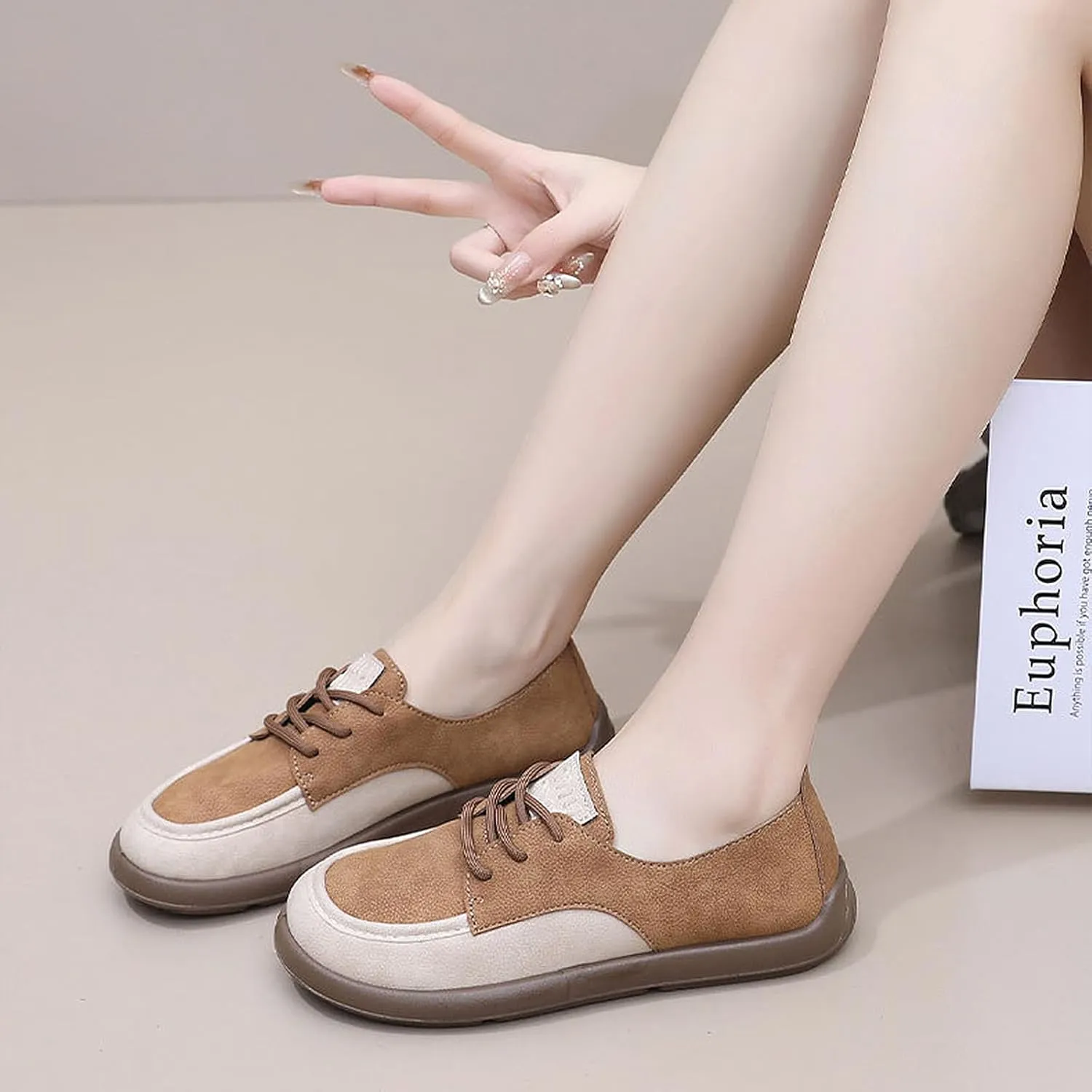 SWDZM Lace-Up Soft Sole Loafers Fashion Round Toe Splicing Comfortable Slip-On Oxford Shoes for Office Work