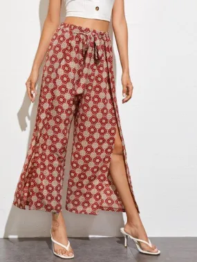 Tribal Print Split Hem Belted Pants