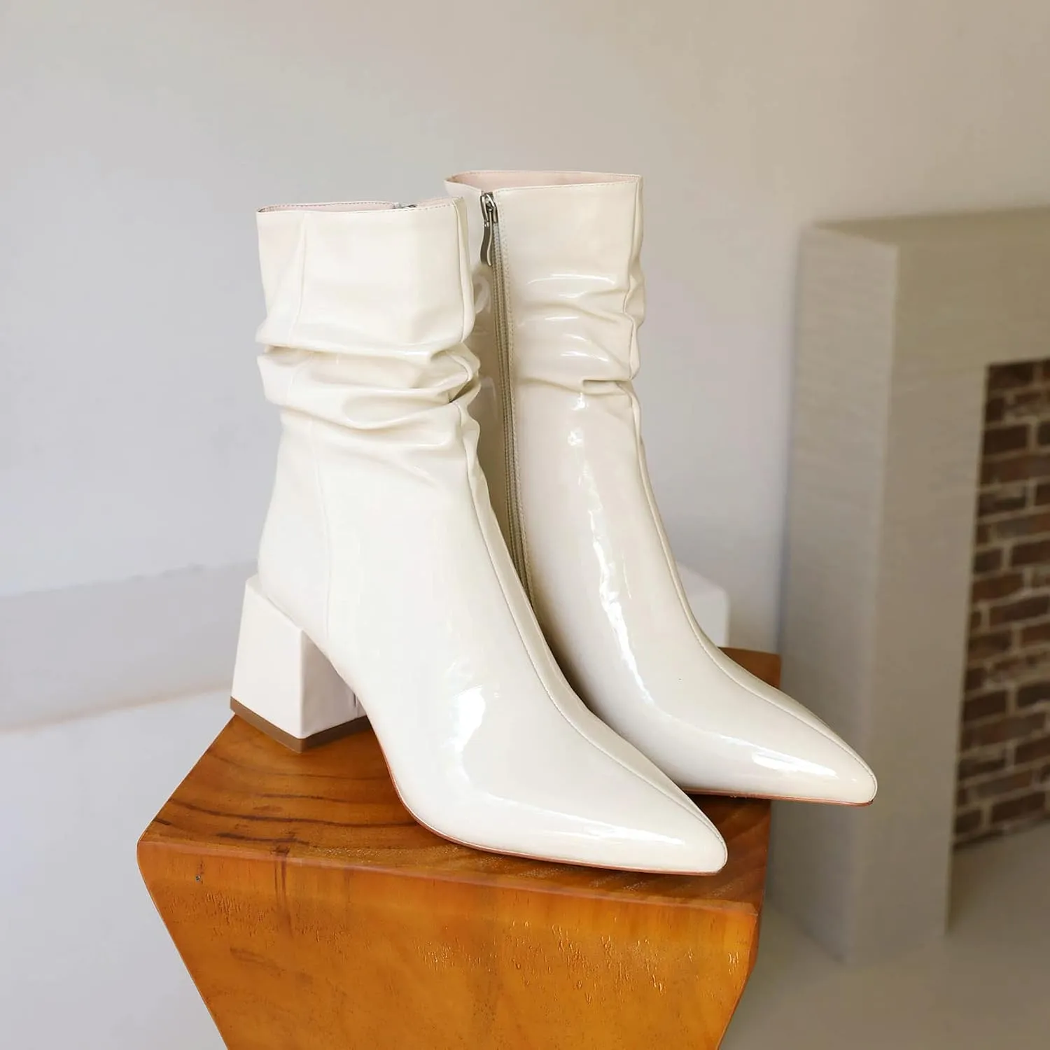 vivianly Pointed Toe Ankle Boot Mid-Calf Boots Chunky Block Heel Booties for Women