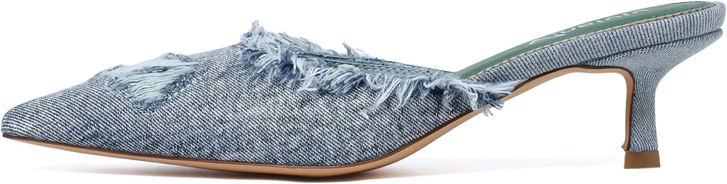 vivianly Women's Denim Heeled Mules Pointed Toe Kitten Heels Sandals