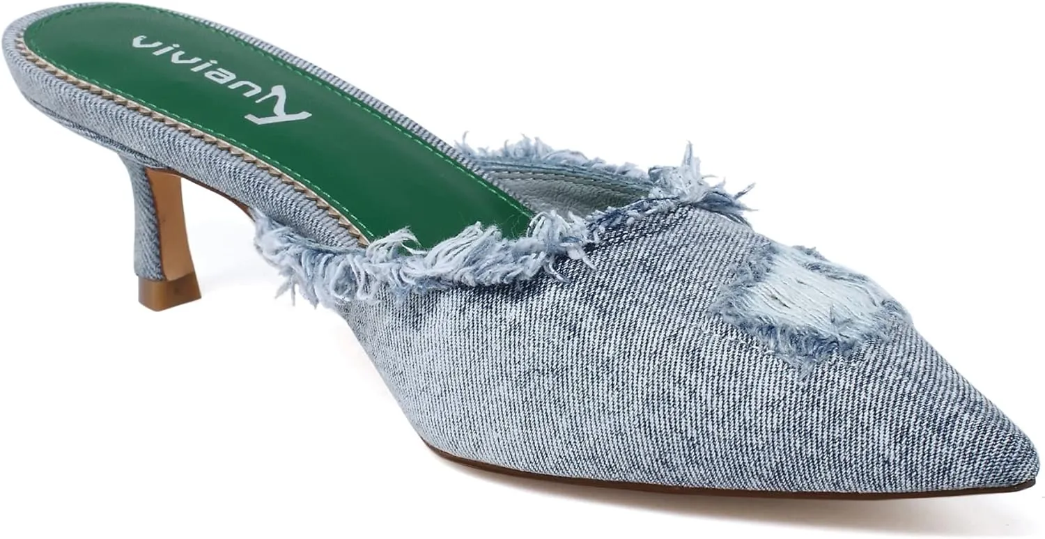 vivianly Women's Denim Heeled Mules Pointed Toe Kitten Heels Sandals
