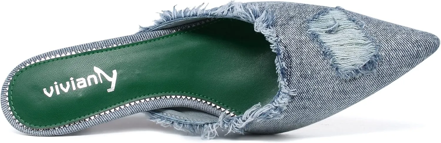 vivianly Women's Denim Heeled Mules Pointed Toe Kitten Heels Sandals