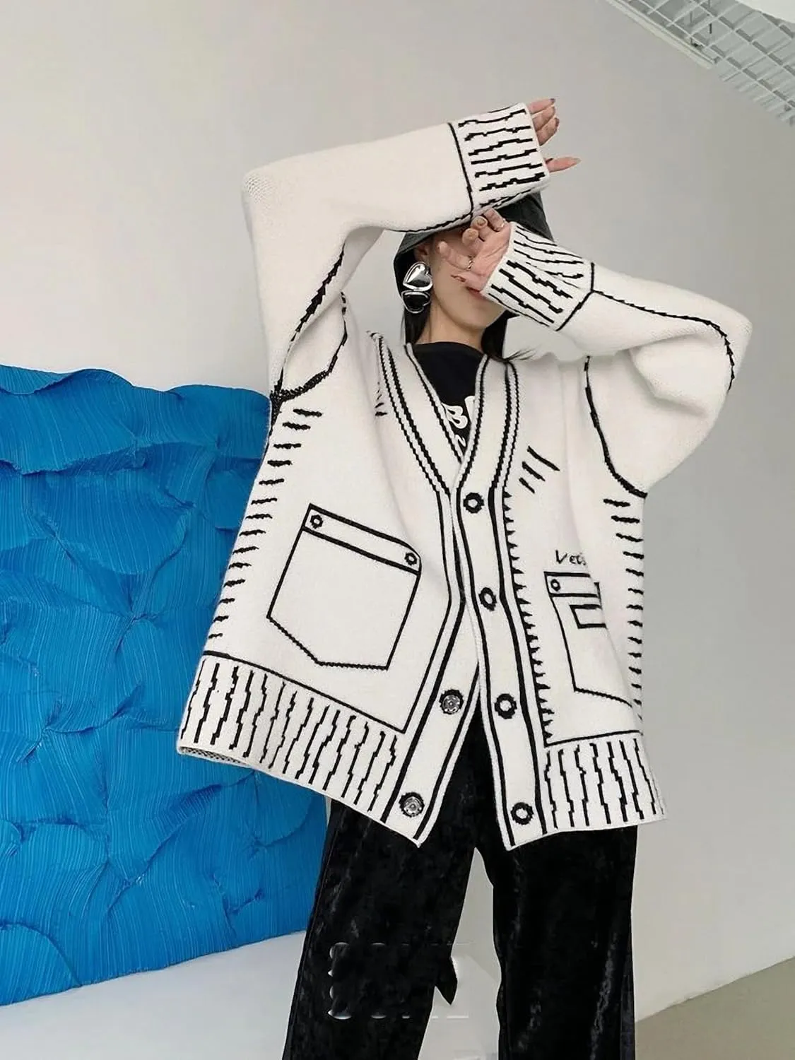 Women Print Graffiti Fake Pocket Long Sleeve Cardigan Sweater Loose Knitwear V-Neck Single Breasted Outerwear Coat