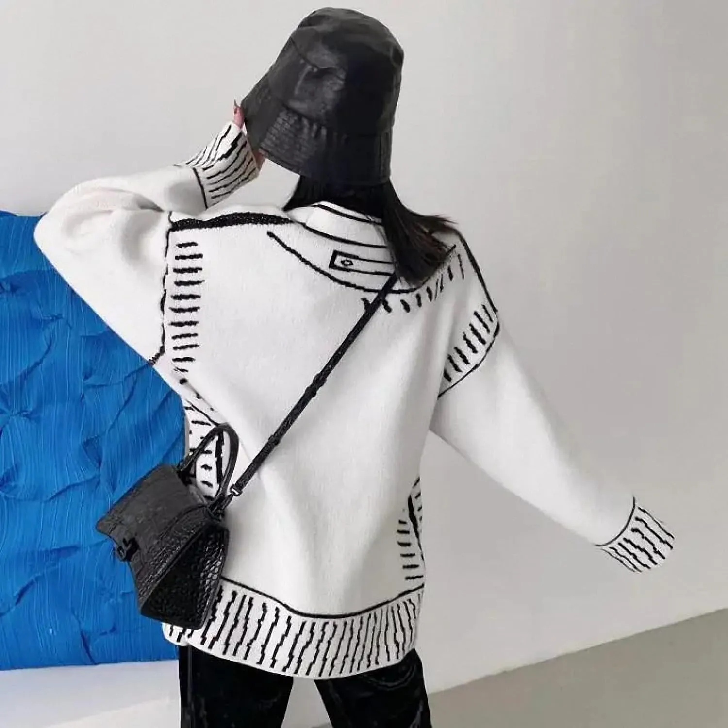 Women Print Graffiti Fake Pocket Long Sleeve Cardigan Sweater Loose Knitwear V-Neck Single Breasted Outerwear Coat