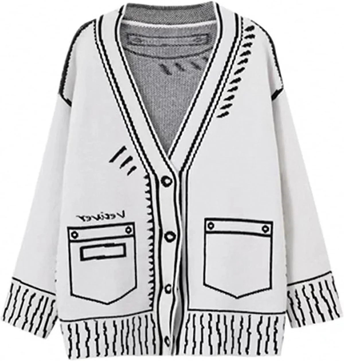Women Print Graffiti Fake Pocket Long Sleeve Cardigan Sweater Loose Knitwear V-Neck Single Breasted Outerwear Coat