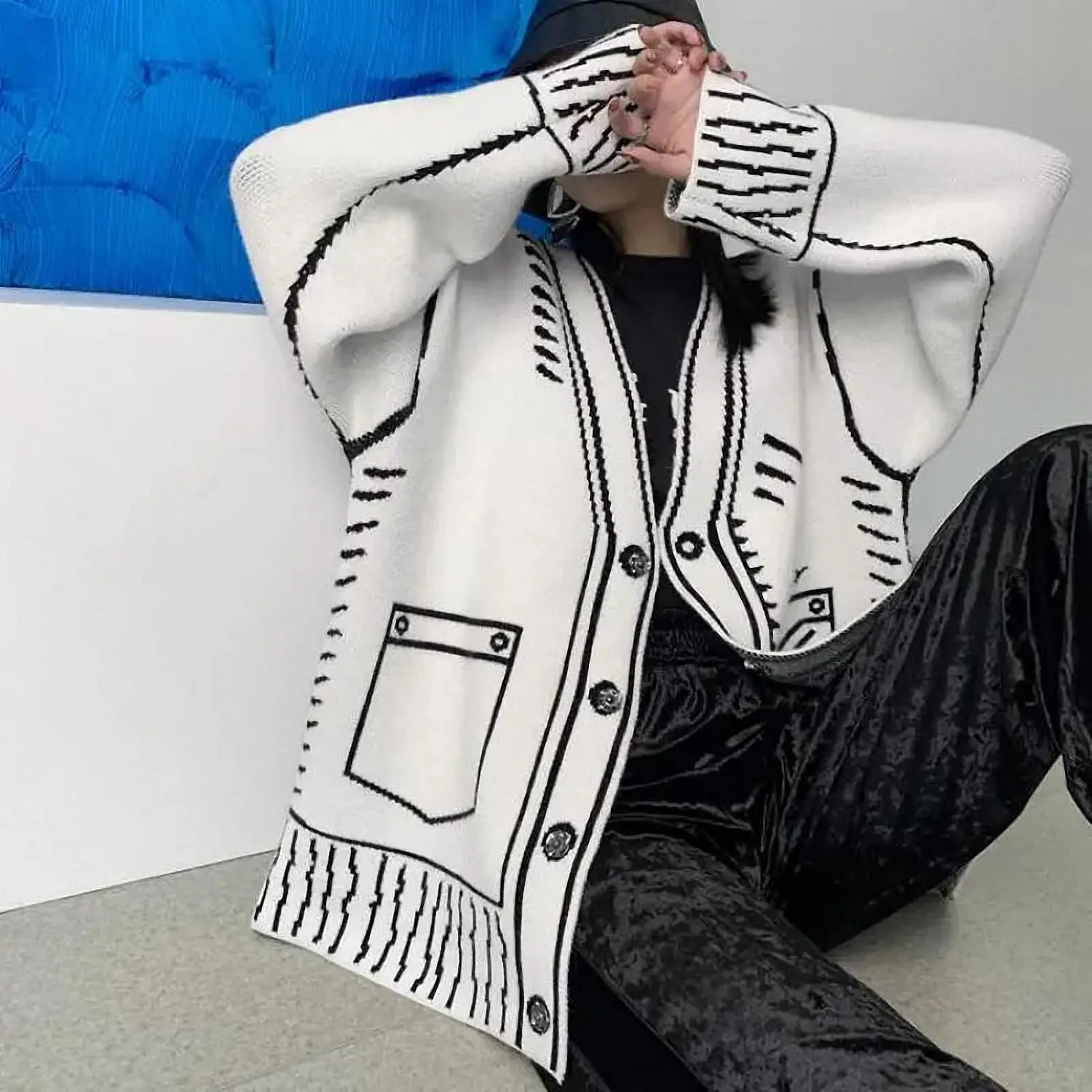 Women Print Graffiti Fake Pocket Long Sleeve Cardigan Sweater Loose Knitwear V-Neck Single Breasted Outerwear Coat
