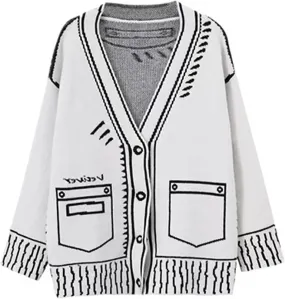 Women Print Graffiti Fake Pocket Long Sleeve Cardigan Sweater Loose Knitwear V-Neck Single Breasted Outerwear Coat