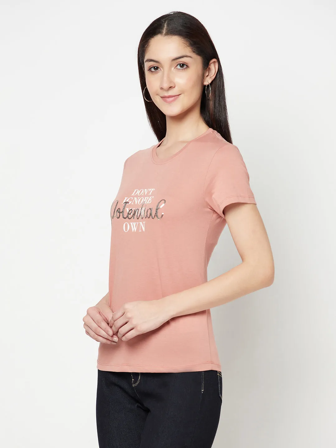 Women's Casual Regular Short Sleeve Coral Round neck Sequin work & Print T-Shirt