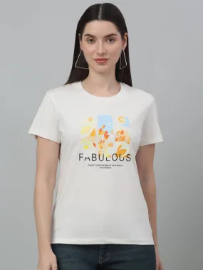 Women's Casual Regular Short Sleeve Ivory Round neck Graphic Print T-Shirt