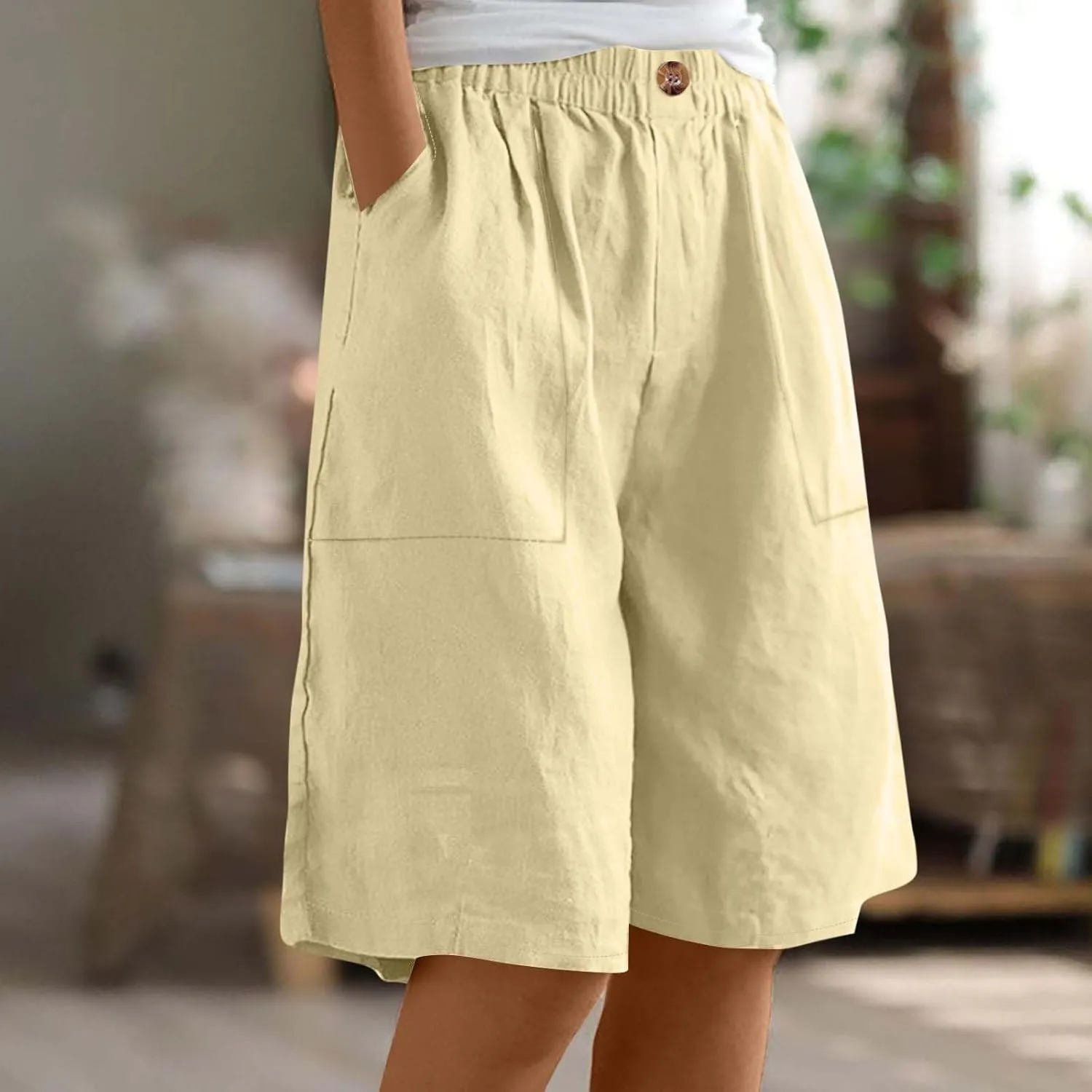 Womens Linen Bermuda Shorts Knee Length High Waisted Capris with Pockets Loose Fit Wide Leg Shorts for Summer
