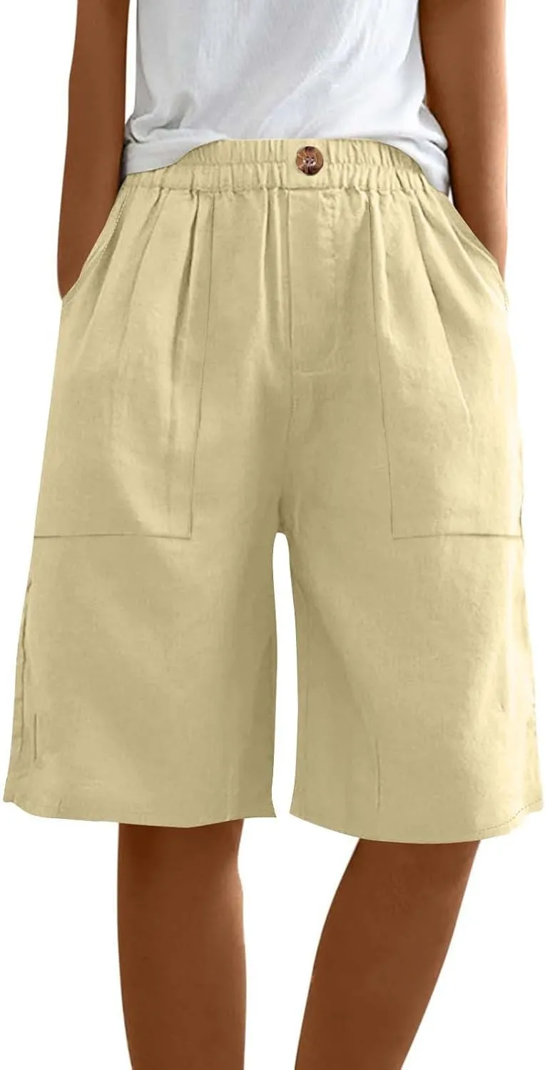 Womens Linen Bermuda Shorts Knee Length High Waisted Capris with Pockets Loose Fit Wide Leg Shorts for Summer