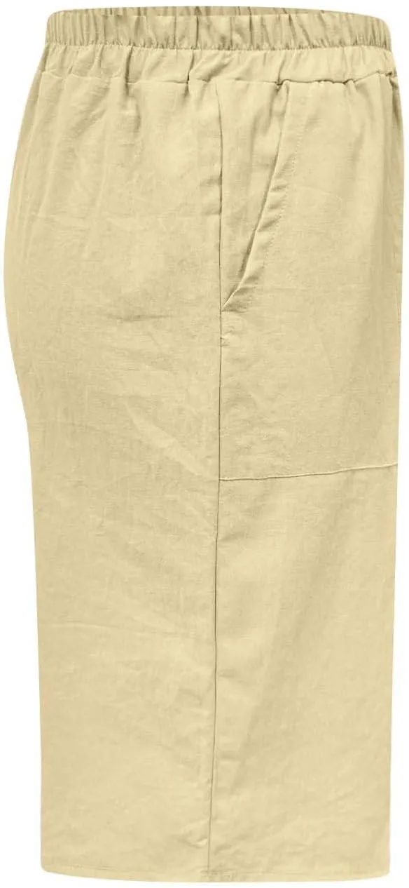 Womens Linen Bermuda Shorts Knee Length High Waisted Capris with Pockets Loose Fit Wide Leg Shorts for Summer