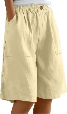 Womens Linen Bermuda Shorts Knee Length High Waisted Capris with Pockets Loose Fit Wide Leg Shorts for Summer