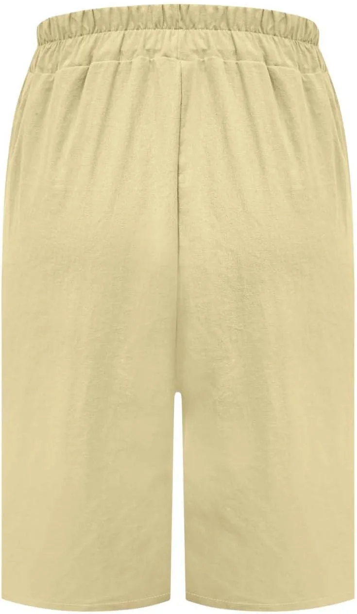 Womens Linen Bermuda Shorts Knee Length High Waisted Capris with Pockets Loose Fit Wide Leg Shorts for Summer