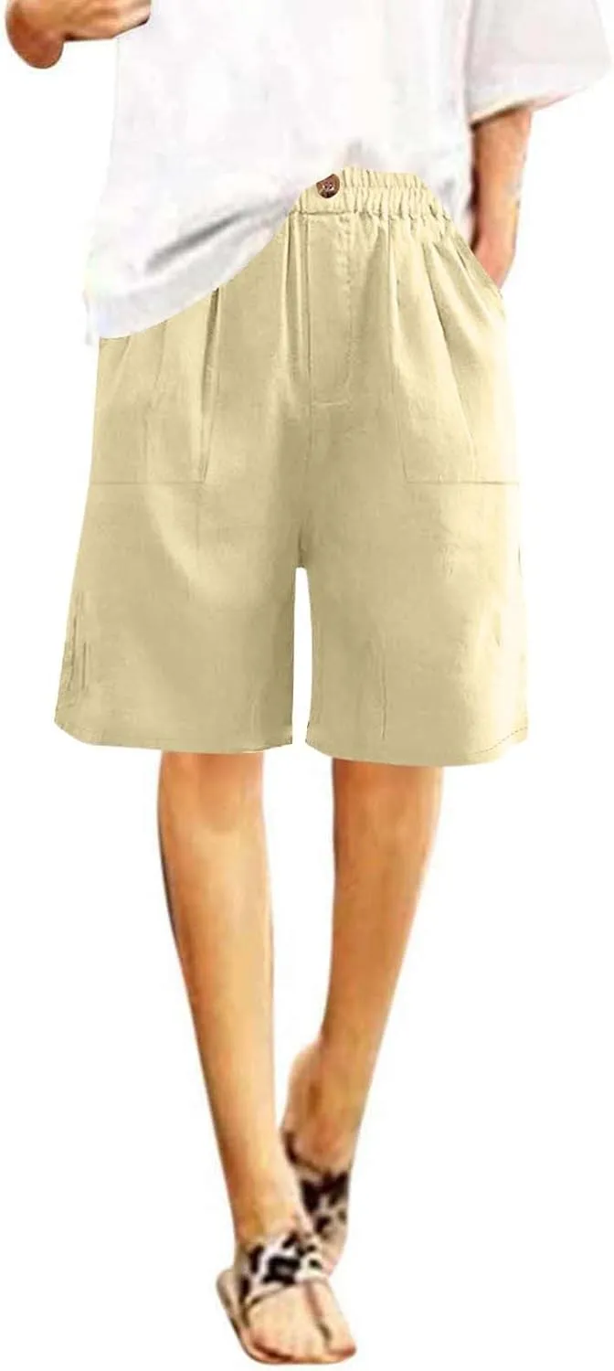 Womens Linen Bermuda Shorts Knee Length High Waisted Capris with Pockets Loose Fit Wide Leg Shorts for Summer
