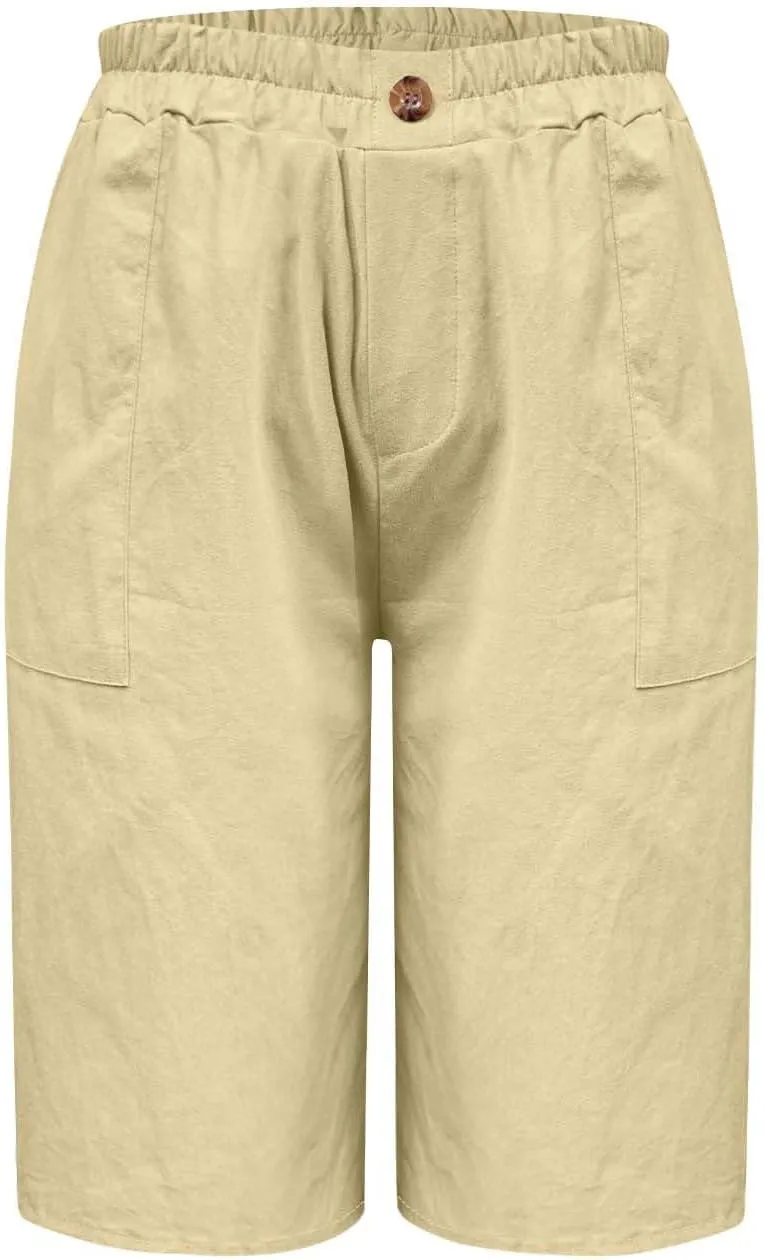 Womens Linen Bermuda Shorts Knee Length High Waisted Capris with Pockets Loose Fit Wide Leg Shorts for Summer